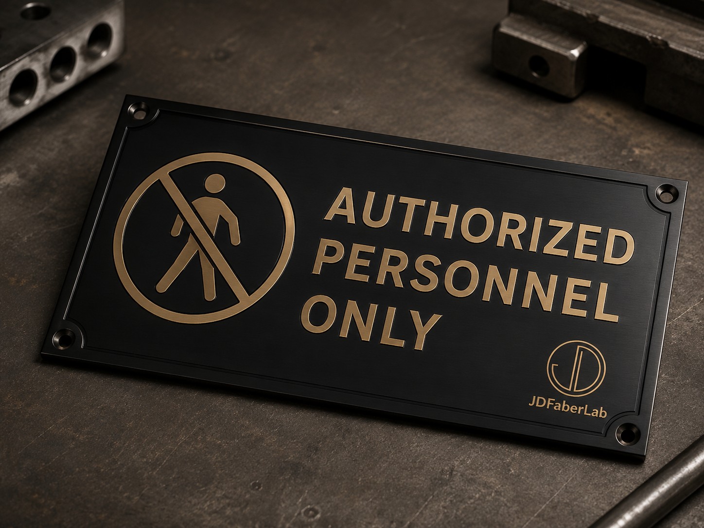 Custom shop sign with black and gold finish