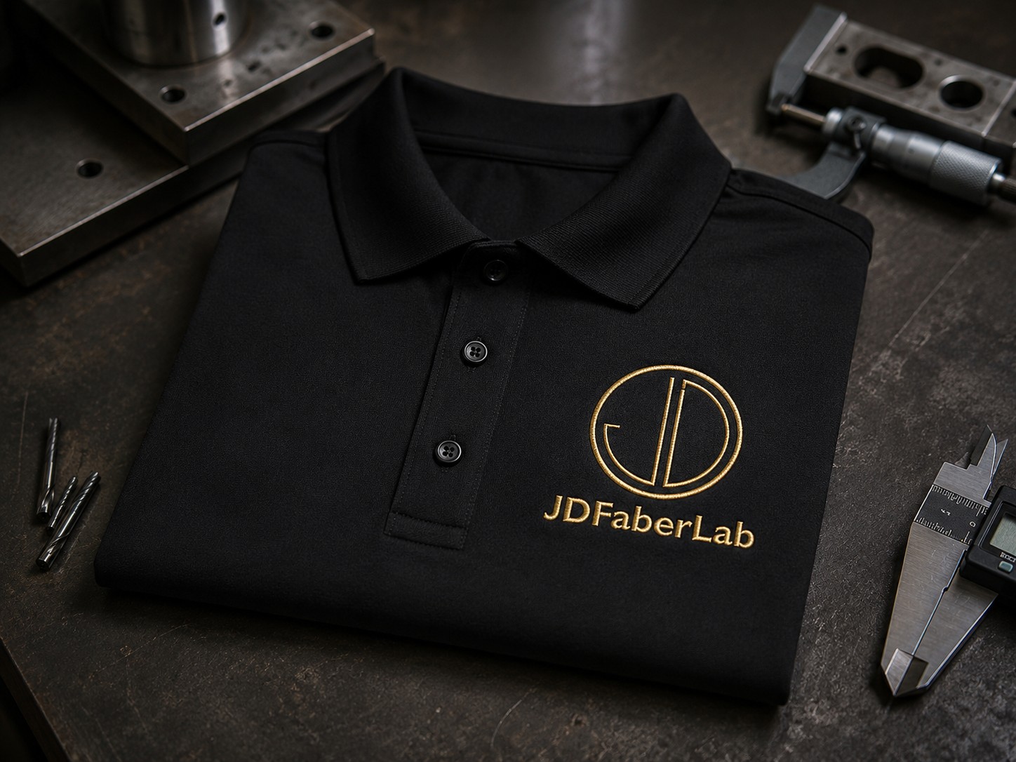 Black embroidered apparel with JDFaberLab mark